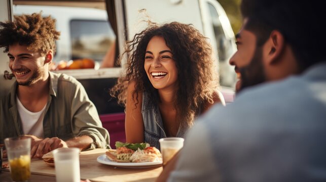 Group of happy multiracial friends sitting at table with food and having fun together in food truck. Lifestyle. Generative AI