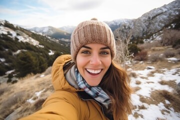 Fototapeta na wymiar Social Media influencer Young hiker woman taking selfie video portrait on the top of mountain