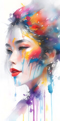 Obraz premium Portrait of beautiful asian woman with creative make-up and colorful blots. Watercolor illustration