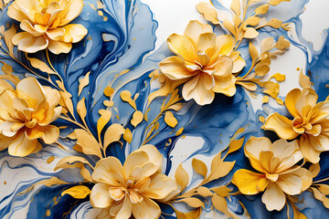Marble abstract background with yellow and blue flowers. Acrylic paint. Decoration for wallpaper desktop, poster, cover booklet