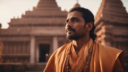 portrait of a Hindu man at sunrise in front of the temple, wearing traditional clothes
