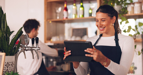 Happy woman, cafe or barista on tablet for small business owner, social media update or sales promotion. Waitress, startup or person laughing on technology for coffee shop news or restaurant online - obrazy, fototapety, plakaty