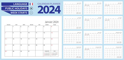 French calendar planner for 2024. French language, week starts from Sunday.