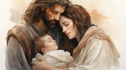 Portrait of Mary and Joseph with his baby Jesus Christ. Beautiful Christmas concept. Nativity scene: Saint Mary and Jospeh with the newborn Jesus Christ.