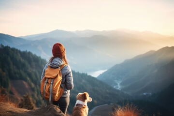 Tourist with a dog on a mountain peak - obrazy, fototapety, plakaty