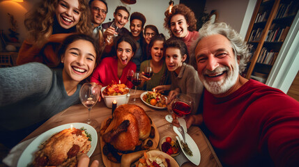 Group of friends having dinner together at home. Cheerful men and women taking selfie on mobile...