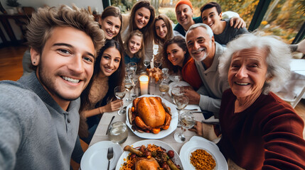 Photo of big family sit feast dishes table around roasted turkey. Happiness and dining: family thanksgiving with turkey. - obrazy, fototapety, plakaty
