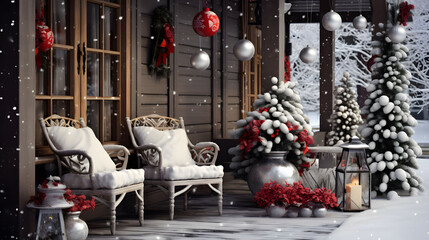 Beautiful Christmas Decorated Front Door and Porch of A House