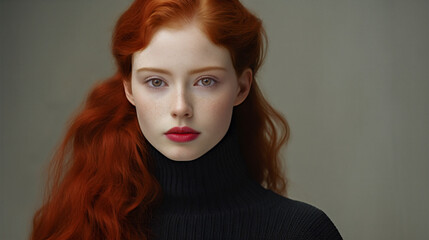 Closeup portrait of a beautiful female fashion model with long, bright red hair covering her shoulders. Pale, natural skin highlighting natural cosmetics and makeup.