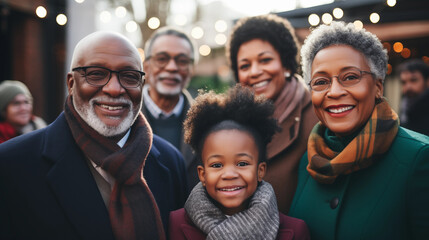 A family portrait with multiple generations from baby to great-grandparents, African American family, blurred background, with copy space