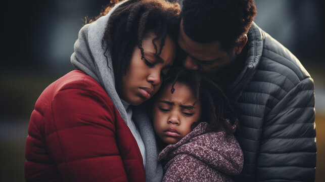 Parents comforting their child after a bad day, African American family, blurred background, with copy space