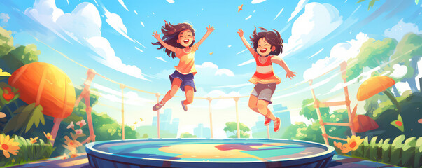 two happy kids friends jumping happy and excited playing on a trampoline amusement park cartoon illustration style for active fun joy time of children and active play - obrazy, fototapety, plakaty