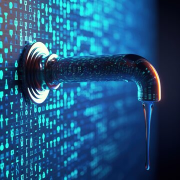 data breach or leak concept data flowing from a faucet. software code leaking. 