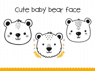 Cute bear face in simple doodle style set. Vector illustration.
