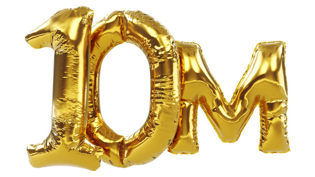 3D render of gold ten million or 10m isolated on white background, 10M followers thank you, balloons number