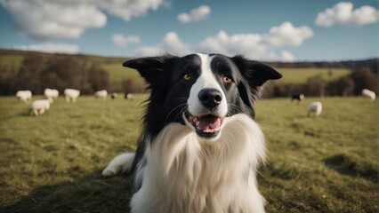 happy and smiling border collie sheepdog inside the sheeps blurred in the background
