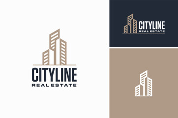 Line Art Apartment Building Real Estate for Modern City Skyline Logo Design