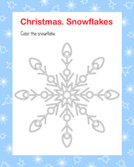 Snowflake simple outline cartoon coloring page vector illustration, winter holiday Christmas and New Year printable educational or leisure game, activity worksheet for kids, teacher resources