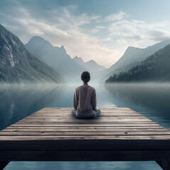 Woman or female sitting in lotus pose on a jetty pier looking at a lake, calm and contemplating meditation - obrazy, fototapety, plakaty