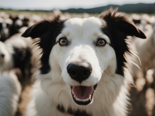 happy and smiling border collie sheepdog inside the sheeps blurred in the background
