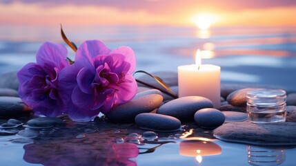 A candle and a purple flower on the background of the sea