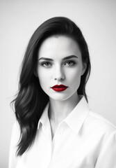 ritratto primo piano high key di volto di giovane donna, labbra con rossetto rosso acceso, sfondo bianco, capelli scuri sciolti