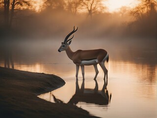 Fototapeta na wymiar gazelle drinking from a foggy and cloudy river at sunrise