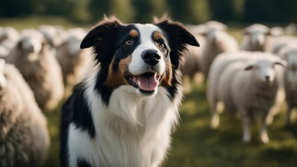 Fototapeta premium happy and smiling border collie sheepdog inside the sheeps blurred in the background 