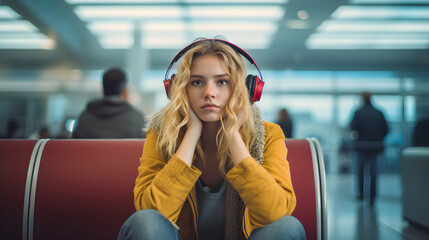 Fototapeta premium Travel vacation concept, young beautiful woman with sad face wear headphone sit at waiting area in the airport terminal and listen to music.