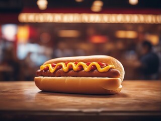  hot dog at fast food restaurant, food court, street restaurant. isolated blurry background
 - obrazy, fototapety, plakaty