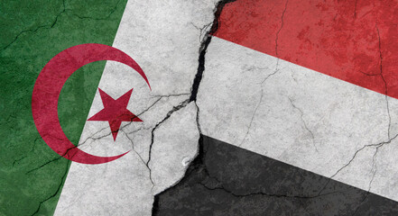 Algeria and Yemen flags, concrete wall texture with cracks, grunge background, military conflict concept
