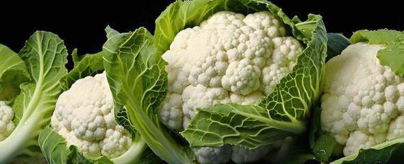 Fresh cauliflower with water drops on black background, banner