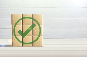 Corporate regulatory concept. Quality symbol on cubes