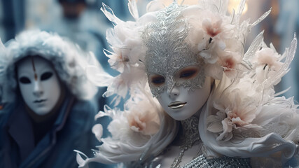 Venetian style masquerade ball, street party, people wearing Venetians masks. - obrazy, fototapety, plakaty