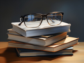 Glasses and book on a black background, close-up.