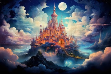 Whimsical cloud castles, floating high above the world, accessible only to dreamers - Generative AI - obrazy, fototapety, plakaty