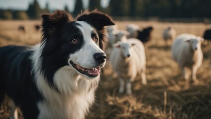 Fototapeta premium happy and smiling border collie sheepdog inside the sheeps blurred in the background 