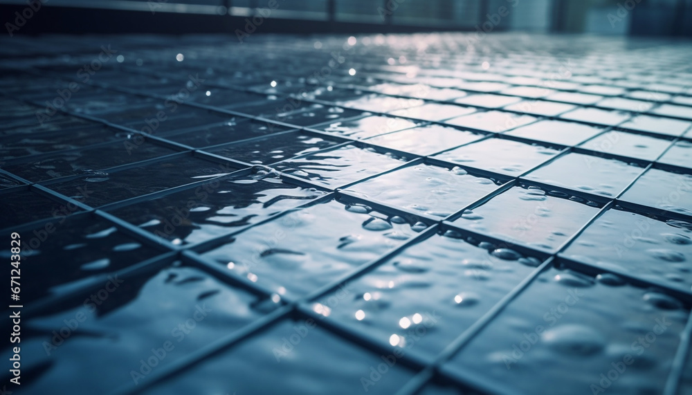 Poster raindrop on guitar strings creates abstract reflection in wet flooring generated by ai