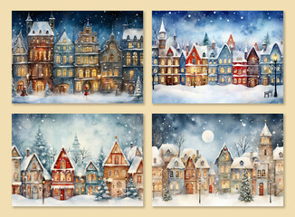 Ornate Merry Christmas greeting cards. Christmas Village art template