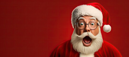 Santa Claus in the hat wonders. Surprised santa claus on red background, Christmas and new year holidays