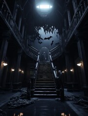 Gothic creepy room with bats in haunted castle. AI