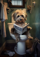 yorkshire terrier sitting on toilet - obrazy, fototapety, plakaty