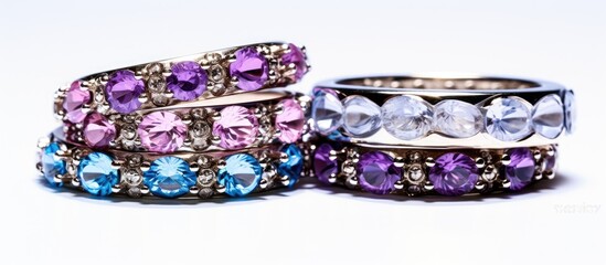 A crystal covered ring featuring black lilac blue and clear gems stands alone against a white background