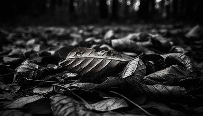 Autumn leaves falling, nature death in a monochrome forest generated by AI - obrazy, fototapety, plakaty
