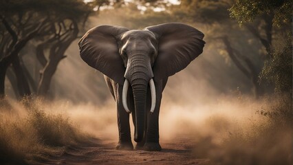 African elephant on a dusty dirt road