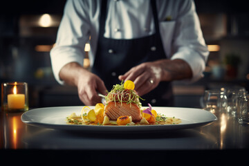 Obraz na płótnie Canvas Chef sirviendo filete de salmón con limón y hierbas en un plato blanco