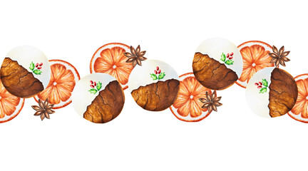 Watercolor seamless border with Christmas illustration with fresh mandarin, orange, crispy gingerbread cookies and anise. New year hand painting orange isolate