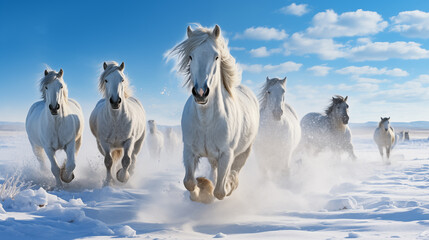 White horses run gallop on snow in winter landscape with blue sky