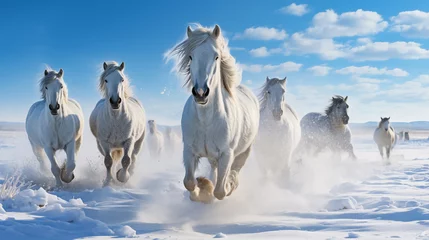 Poster White horses run gallop on snow in winter landscape with blue sky © korkut82