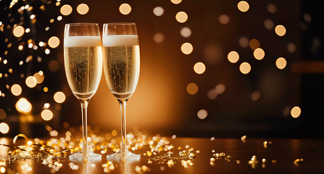 Christmas eve/new year's eve background/wallpaper with champagne and christmas decoration (Fondo de año nuevo con champagne y decoración de navidad) two glasses of champagne